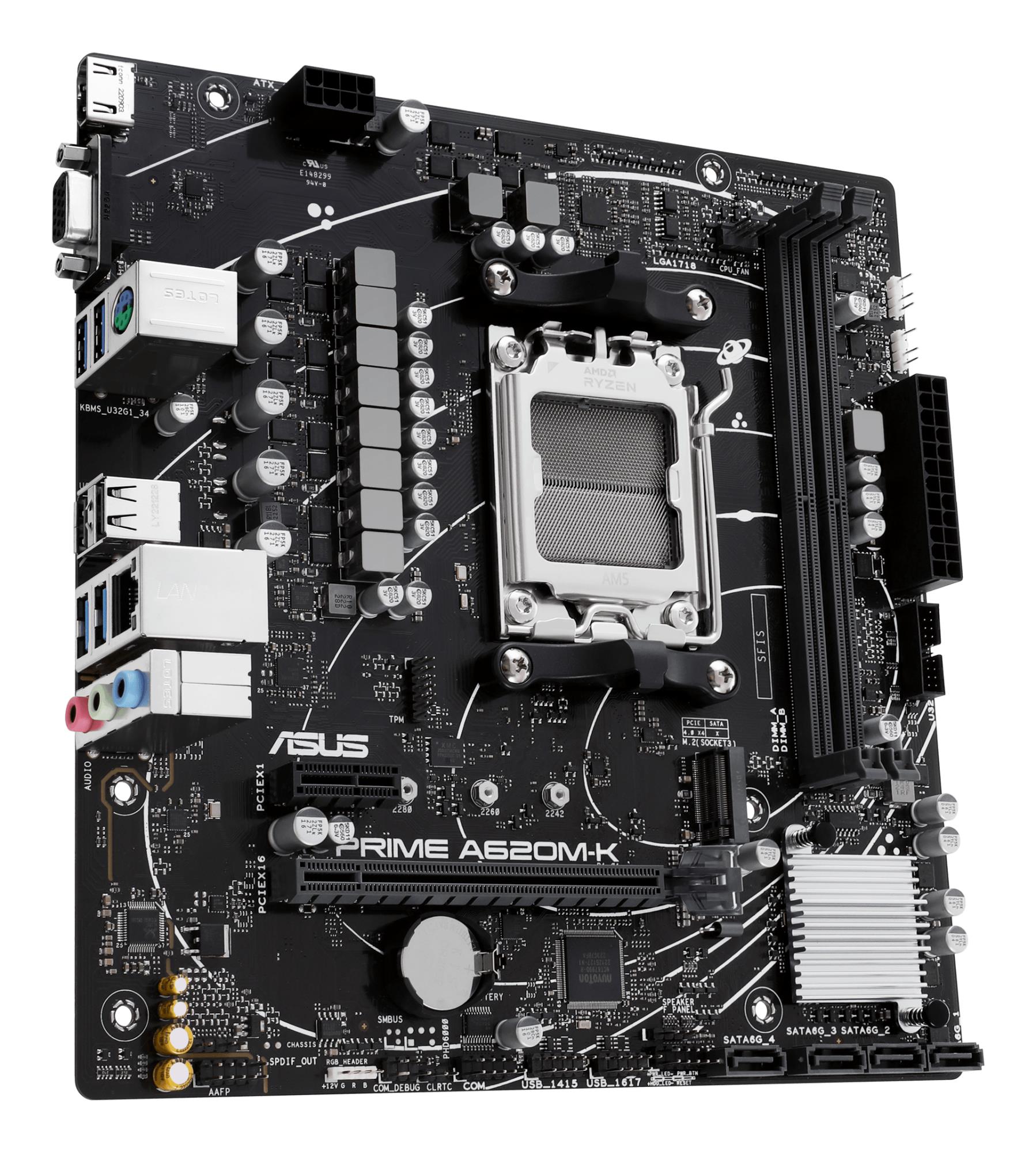 Mainboard ASUS AMD A620 Micro-ATX Memory DDR5 Memory slots 2 1xPCI-Express 3.0 1x 1xPCI-Express 4.0 16x 1xM.2 1x15pin D-sub 1xHDMI 2xUSB 2.0 4xUSB 3.2 1xPS/2 1xRJ45 3xAudio port PRIMEA620M-K - Image 4