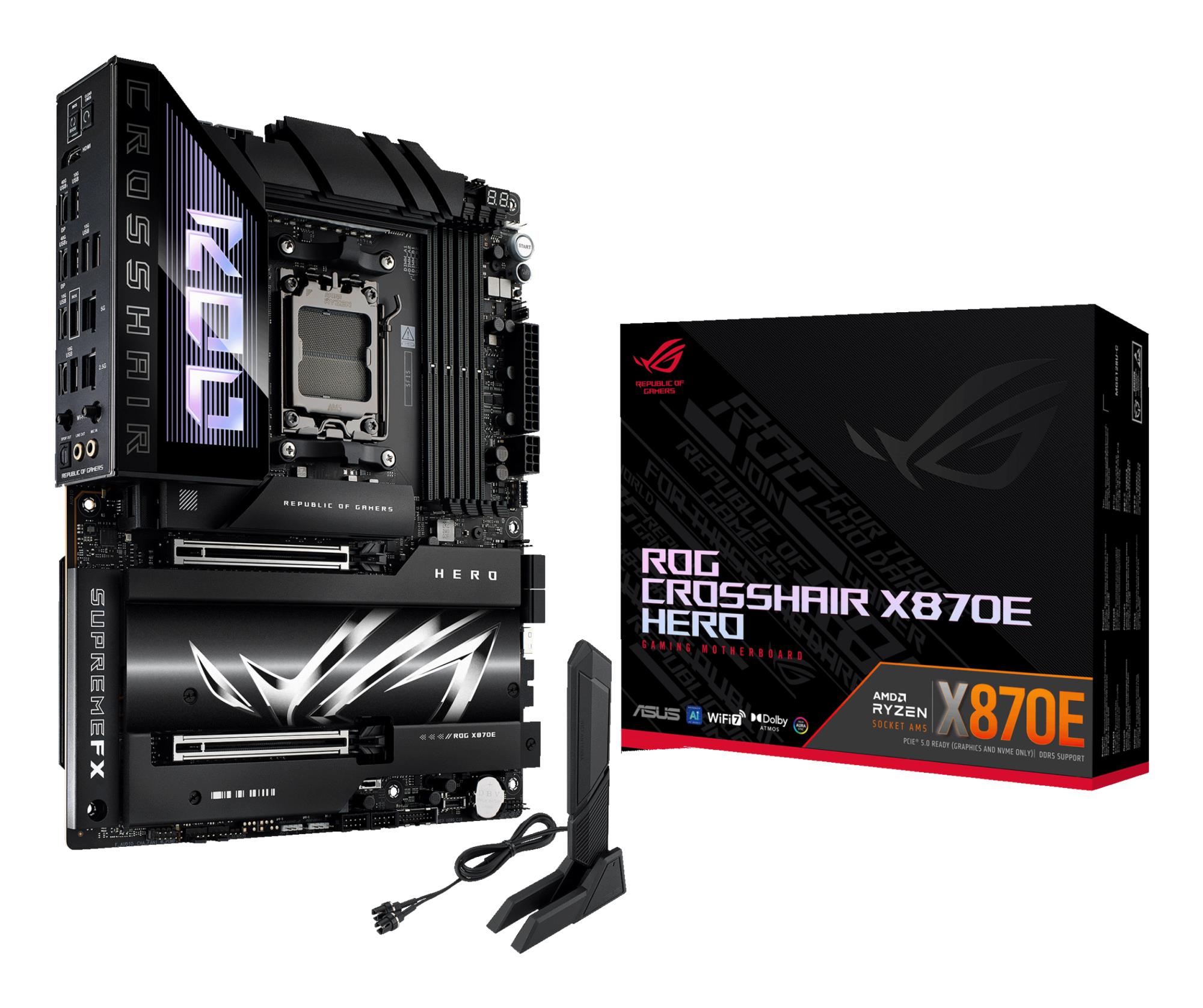Mainboard ASUS AMD X870E SAM5 ATX Memory DDR5 Memory slots 4 2xPCI-Express 4.0 16x 2xPCI-Express 5.0 16x 4xM.2 1xHDMI 1xAudio-In 1xAudio-Out 6xUSB 3.2 2xUSB-C 2xUSB4 1xOptical S/PDIF 1xRJ45 ROGCROSSHAIRX870EHERO