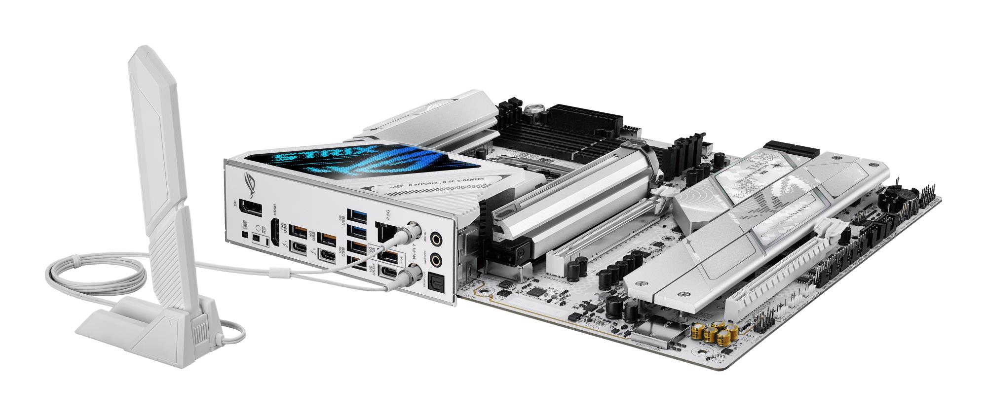Mainboard ASUS Intel Z890 LGA1851 ATX Memory DDR5 Memory slots 4 1xPCI-Express 4.0 16x 1xPCI-Express 5.0 16x 5xM.2 1xHDMI 1xDisplayPort 1xAudio-In 1xAudio-Out 2xUSB 3.0 5xUSB 3.1 1xUSB-C 2xUSB-C w/Thunderbolt 1xOptical S/PDIF 1xRJ45 ROGSTRIXZ890-AGAMWIFI - Image 10