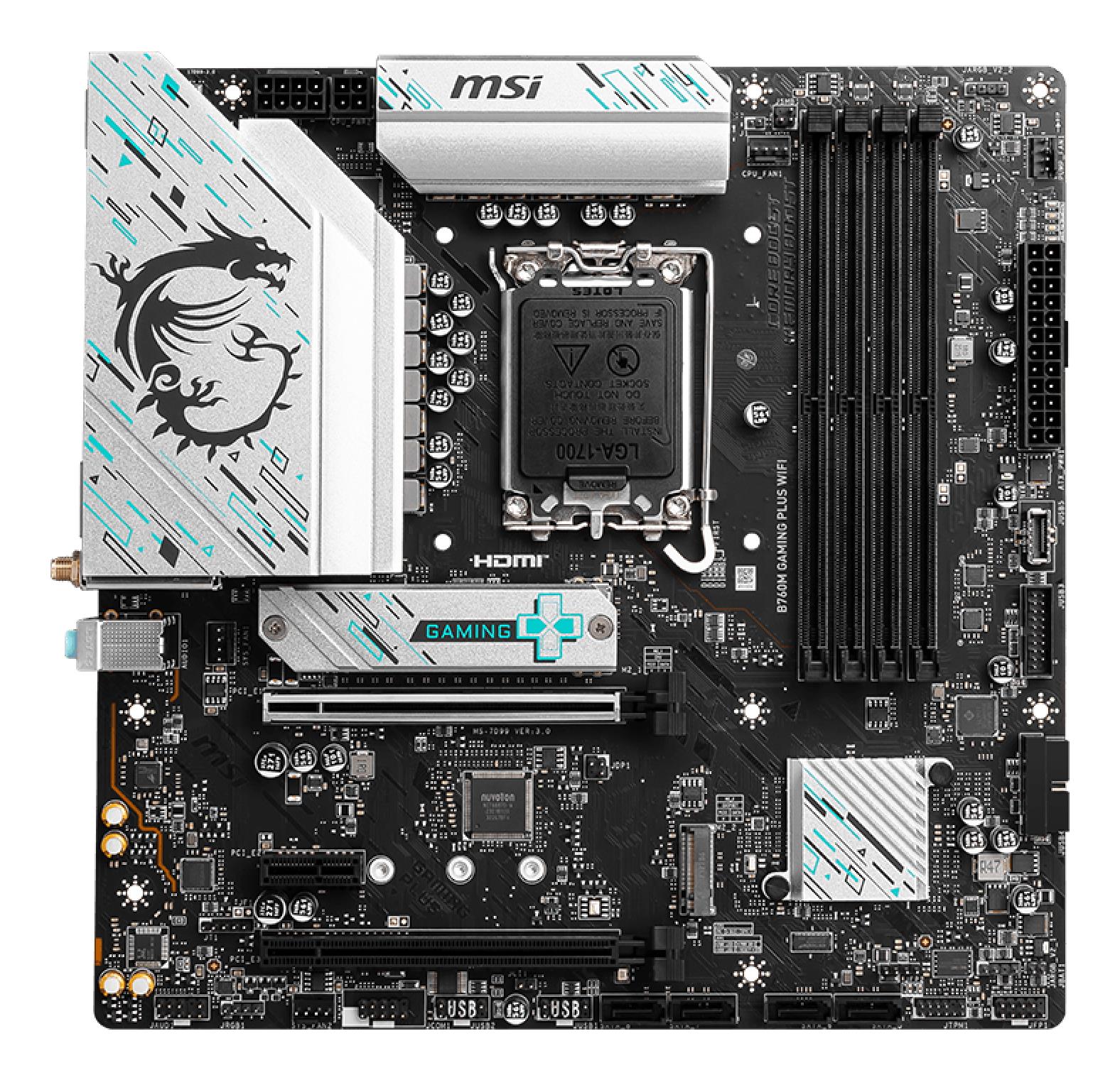 Mainboard MSI Intel B760 Express LGA1700 Micro-ATX Memory DDR5 Memory slots 4 1xPCI-Express 3.0 1x 1xPCI-Express 4.0 4x 1xPCI-Express 4.0 16x 2xM.2 2xHDMI 2xDisplayPort 2xUSB 2.0 4xUSB 3.2 1xPS/2 1xRJ45 3xAudio port B760MGAMINGPLUSWIFI - Image 2