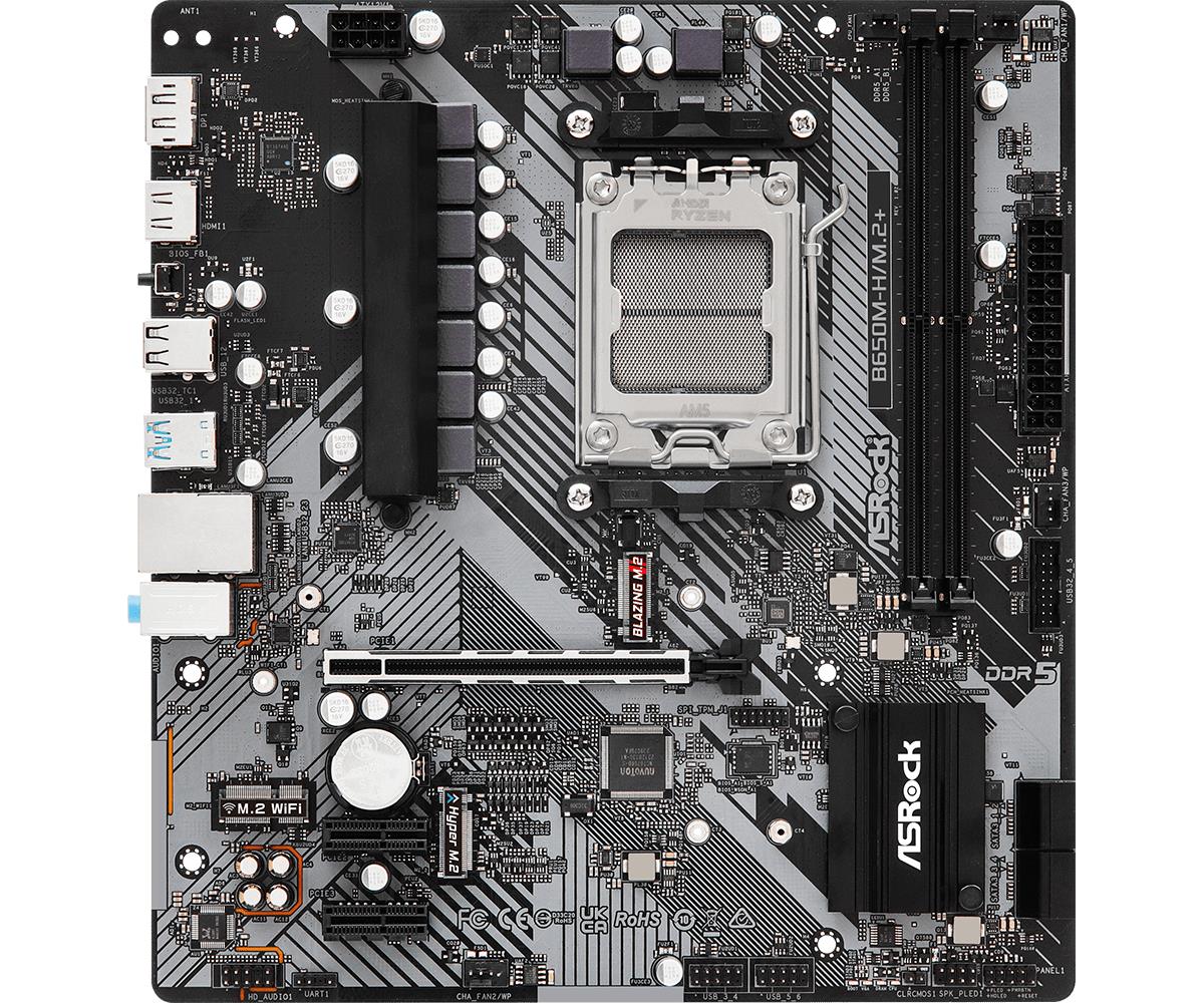 Mainboard ASROCK AMD B650 SAM5 Micro-ATX Memory DDR5 Memory slots 2 1xPCI-E 2xPCI-Express 4.0 1x 1xPCI-Express 4.0 16x 1xM.2 1xHDMI 1xDisplayPort 1xAudio-In 1xAudio-Out 1xMicrophone 2xUSB 2.0 3xUSB 3.2 1xUSB-C 1xRJ45 B650M-H/M.2+ - Image 2