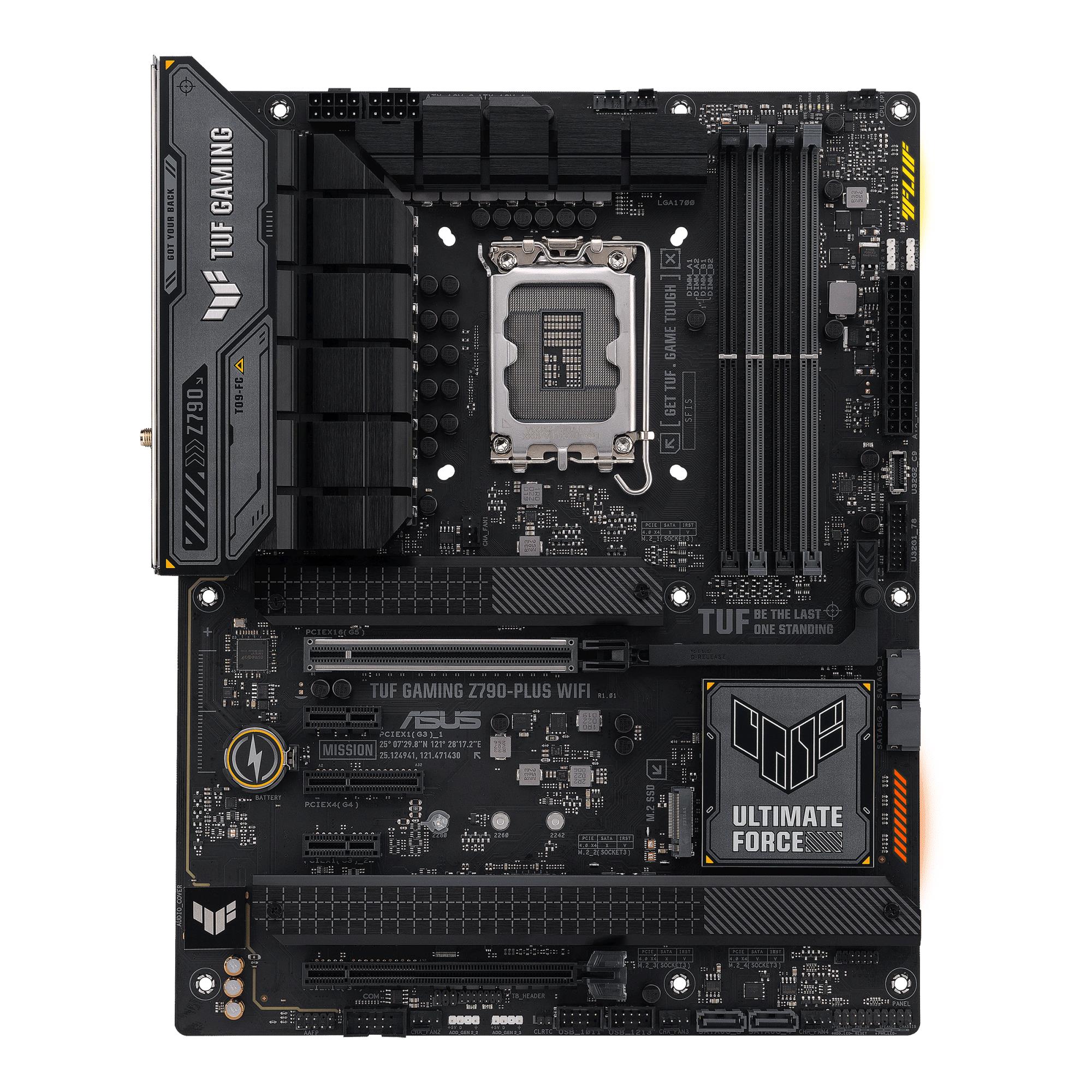 Mainboard ASUS Intel Z790 LGA1700 ATX Memory DDR5 Memory slots 4 2xPCI-Express 3.0 1x 1xPCI-Express 4.0 4x 1xPCI-Express 4.0 16x 1xPCI-Express 5.0 16x 4xM.2 1xHDMI 1xDisplayPort 6xUSB 3.2 2xUSB-C 1xOptical S/PDIF 1xRJ45 5xAudio port TUFGAMINGZ790-PLUSWIFI