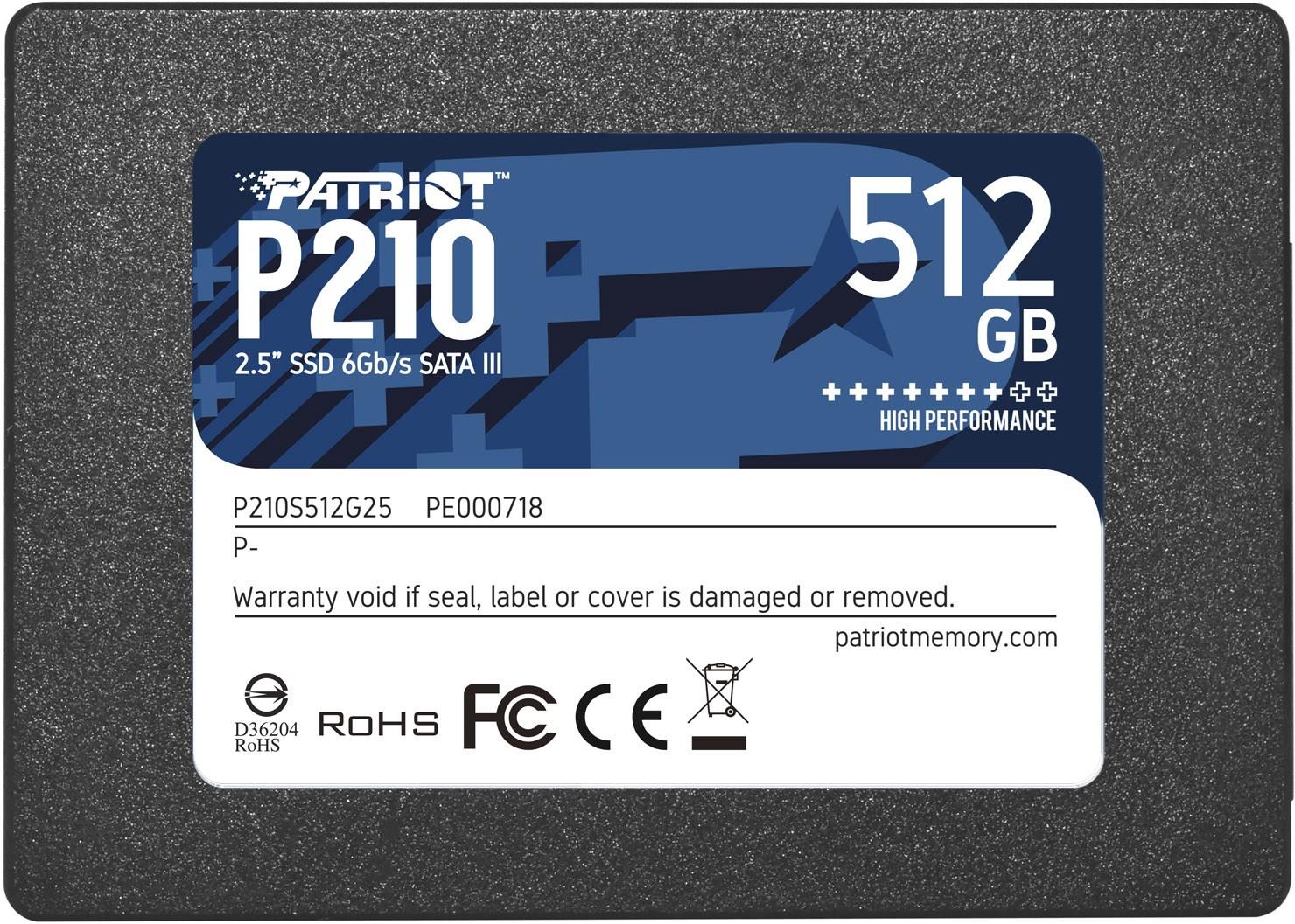SSD PATRIOT P210 512GB SATA 3.0 Write speed 430 MBytes/sec Read speed 520 MBytes/sec 2,5" TBW 240 TB P210S512G25