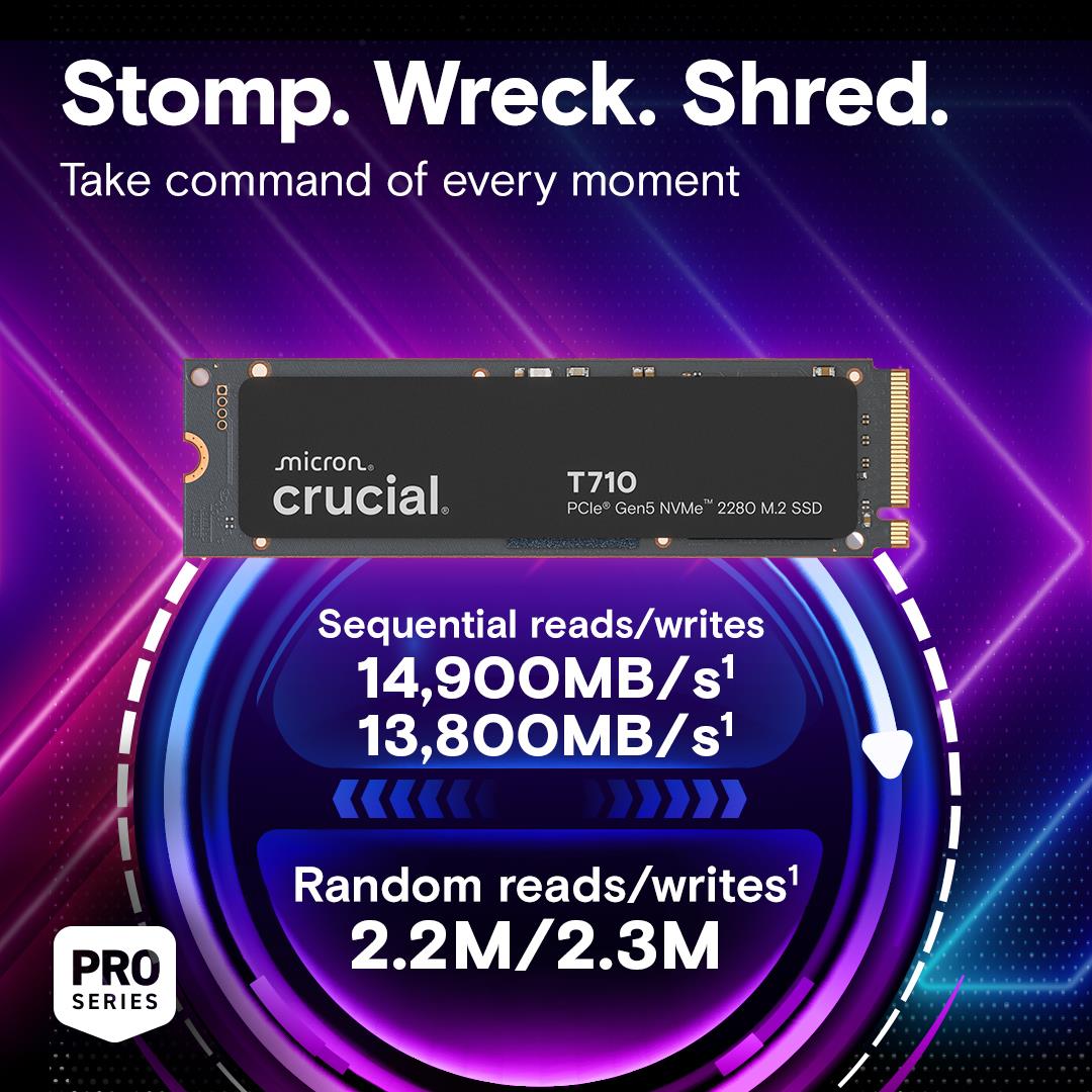SSD CRUCIAL T710 4TB M.2 PCIe Gen5 NVMe Write speed 13800 MBytes/sec Read speed 14500 MBytes/sec TBW 2400 TB CT4000T710SSD8 - Image 2