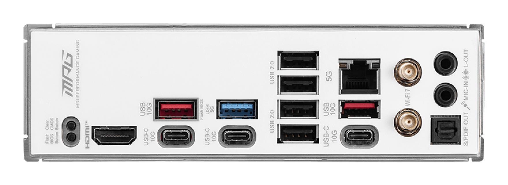 Mainboard MSI AMD B850 SAM5 ATX Memory DDR5 Memory slots 4 3xPCI-Express 16x 4xM.2 1xHDMI 1xAudio-In 1xAudio-Out 4xUSB 2.0 1xUSB 3.0 2xUSB 3.2 3xUSB-C 1xOptical S/PDIF 1xRJ45 MPGB850EDGETIWIFI - Image 5