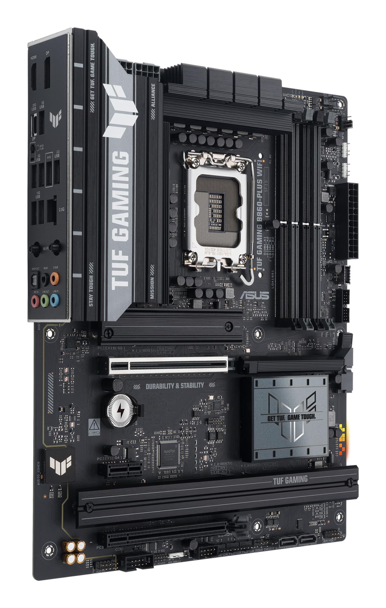 Mainboard ASUS Intel B860 Express LGA1851 ATX Memory DDR5 Memory slots 4 1xPCI-Express 4.0 1x 1xPCI-Express 4.0 16x 1xPCI-Express 5.0 16x 3xM.2 1xHDMI 1xDisplayPort 2xUSB 2.0 3xUSB 3.0 2xUSB 3.2 1xUSB-C 1xOptical S/PDIF 1xRJ45 5xAudio port TUFGAMINGB860-PLUSWIFI - Image 3