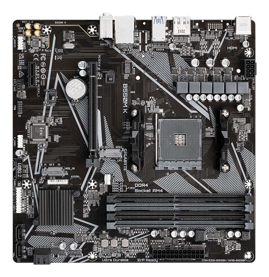 Mainboard GIGABYTE AMD B550 SAM4 Micro-ATX Memory DDR4 Memory slots 4 1xPCI-Express 3.0 1x 1xPCI-Express 4.0 16x 2xM.2 1xHDMI 1xDisplayPort 2xAudio-In 1xAudio-Out 4xUSB 2.0 4xUSB 3.2 1xPS/2 1xRJ45 B550MK - Image 4