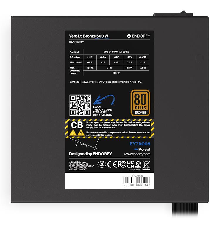 Power Supply ENDORFY Vero L5 Bronze 600 W 600 Watts Efficiency 80 PLUS BRONZE MTBF 80000 hours EY7A005 - Image 6