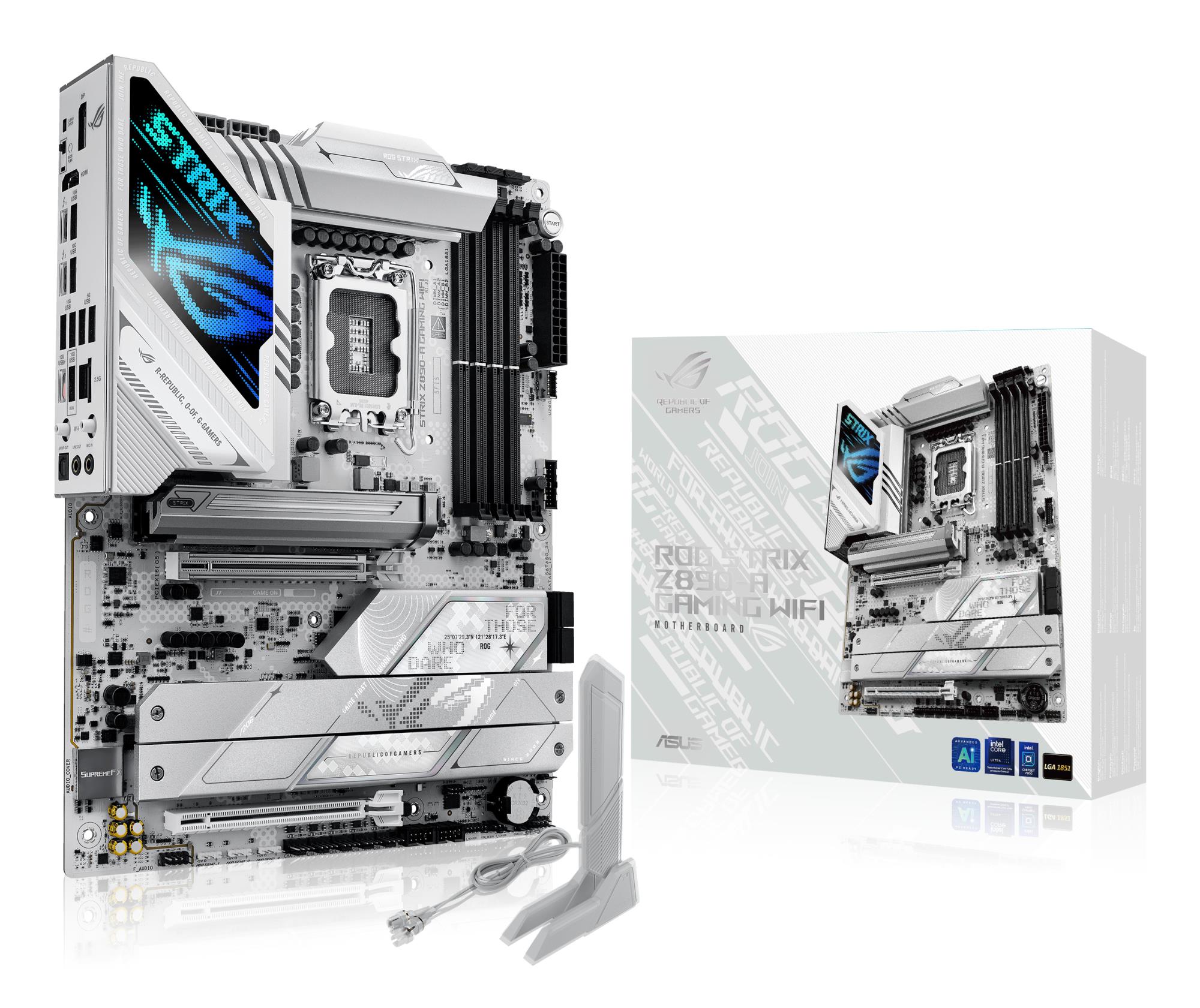 Mainboard ASUS Intel Z890 LGA1851 ATX Memory DDR5 Memory slots 4 1xPCI-Express 4.0 16x 1xPCI-Express 5.0 16x 5xM.2 1xHDMI 1xDisplayPort 1xAudio-In 1xAudio-Out 2xUSB 3.0 5xUSB 3.1 1xUSB-C 2xUSB-C w/Thunderbolt 1xOptical S/PDIF 1xRJ45 ROGSTRIXZ890-AGAMWIFI