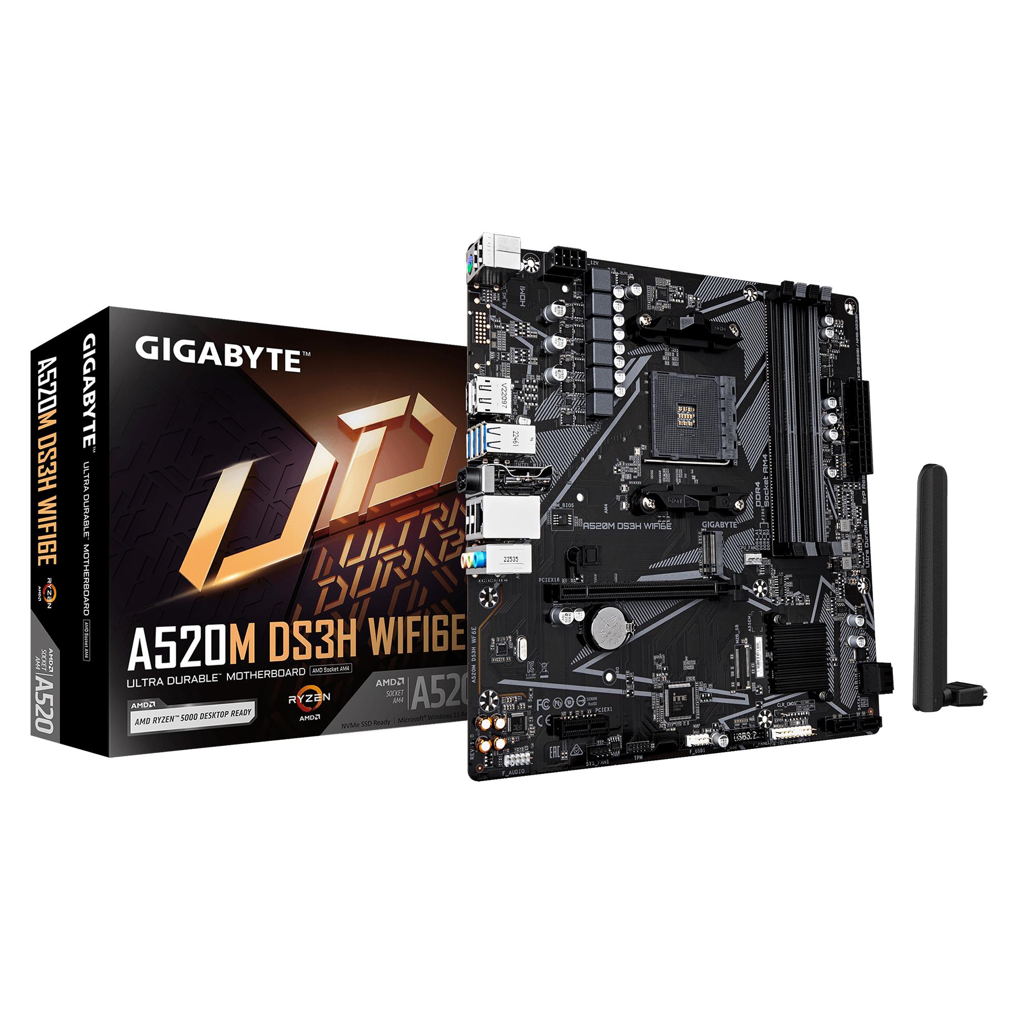 Mainboard GIGABYTE AMD A520 Socket AM4 micro ATX RAM DDR4-SDRAM 4xSlots Wi-Fi Yes Bluetooth Yes 1xNumber of M.2 (M) slots A520MDS3HWF6E